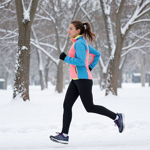 Woman Jogging in Snowy Park