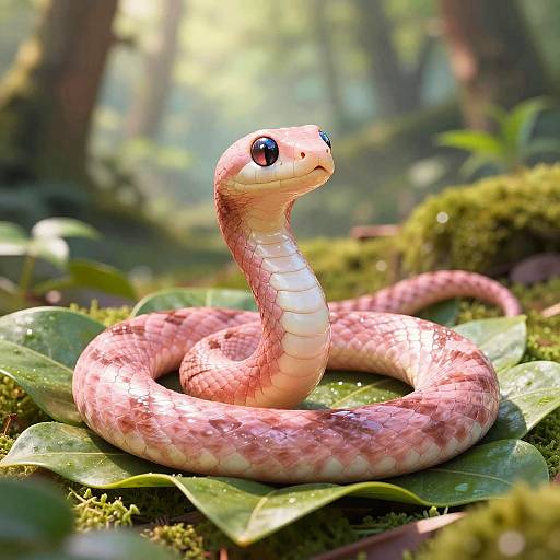 Photorealistic CGI of a pink and white snake with large, black eyes coiled on green leaves in a sunlit forest.