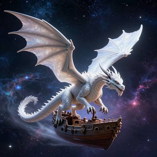 Digital artwork of a glowing white dragon with translucent wings soaring above a detailed wooden ship in a starry, colorful galaxy.