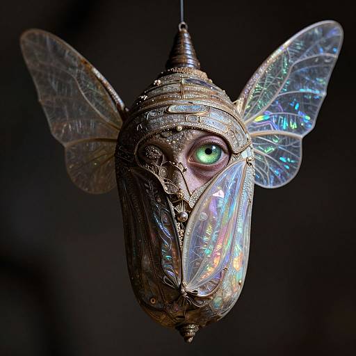 Photograph of an intricately designed, metallic, insect-like light fixture with iridescent wings and a single glowing green eye against a dark background.