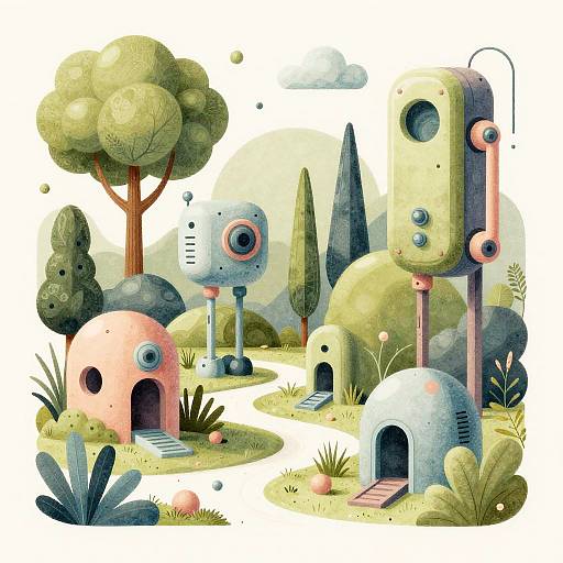 Whimsical digital illustration featuring colorful, retro-futuristic robots in a surreal, pastel landscape with trees, grass, and abstract structures.