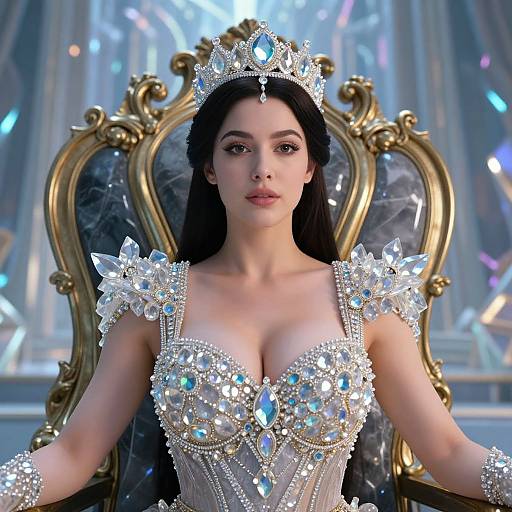 Digital artwork of a fair-skinned woman with long black hair, wearing a glittering blue and silver tiara, gown, and throne, with orn