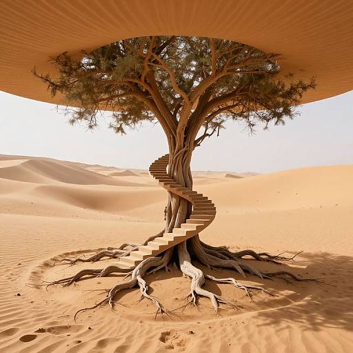 Digital art of a spiral staircase winding up a tree trunk in a desert, with a large dome overhead, sand dunes in the background, and a