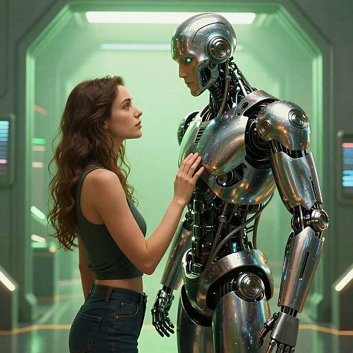 Cyberpunk Connection Between Woman and Robot