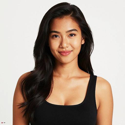 Photograph of a young Asian woman with long black hair, wearing a black tank top, smiling subtly against a plain white background.