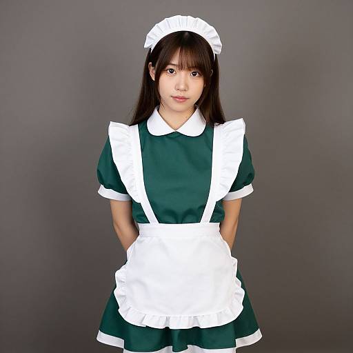 Photograph of an Asian woman with straight black hair, wearing a green and white French maid outfit, standing against a gray background.