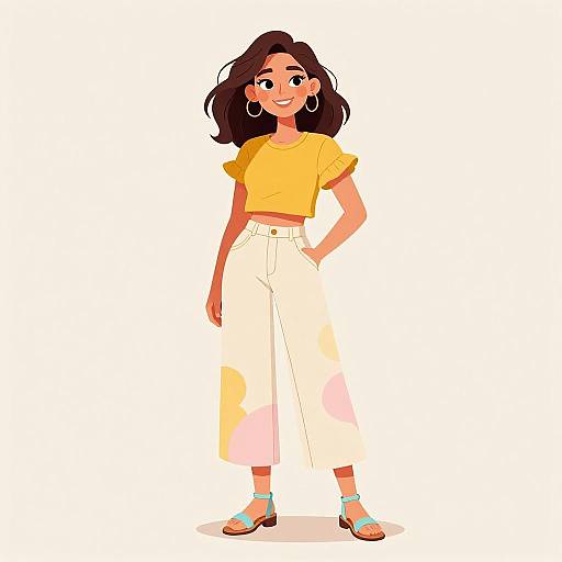 Digital illustration of a smiling, dark-haired woman in a yellow crop top, white high-waisted pants, turquoise sandals, and hoop earrings.