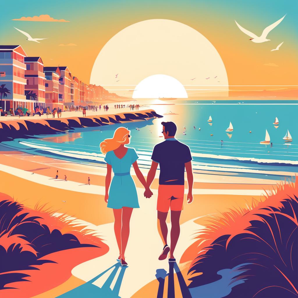 Retro Beach Sunset Couple Illustration