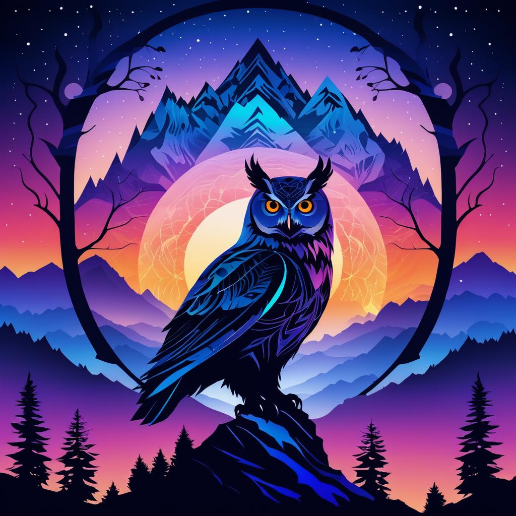 Surreal Owl Silhouette with Mountains