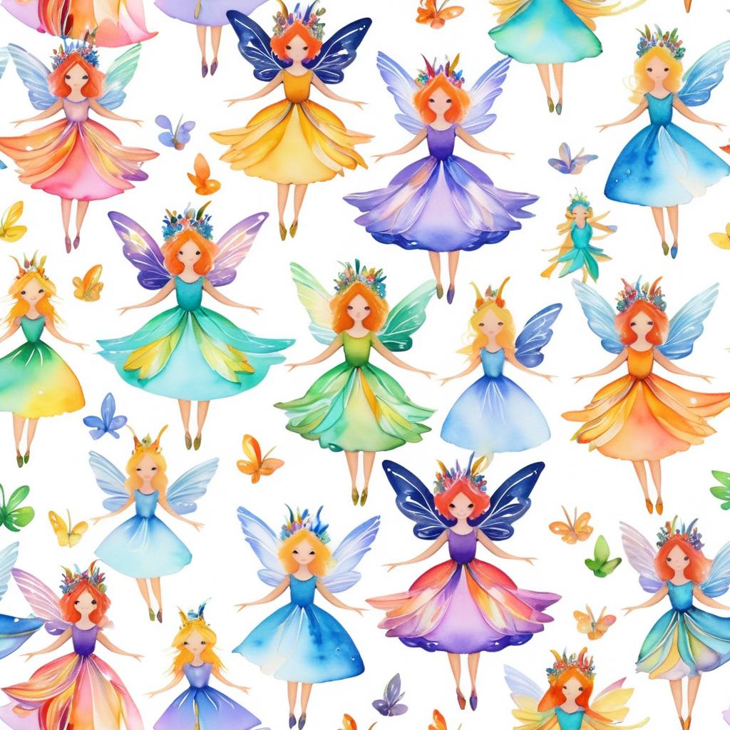 Whimsical Watercolor Fairies in Colorful Dresses