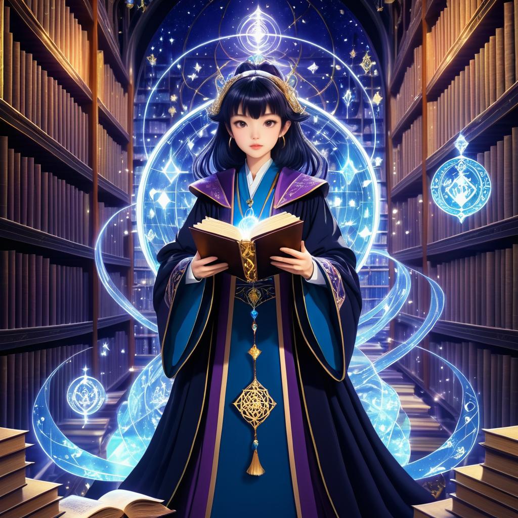 Elegant Mage in a Mystical Library