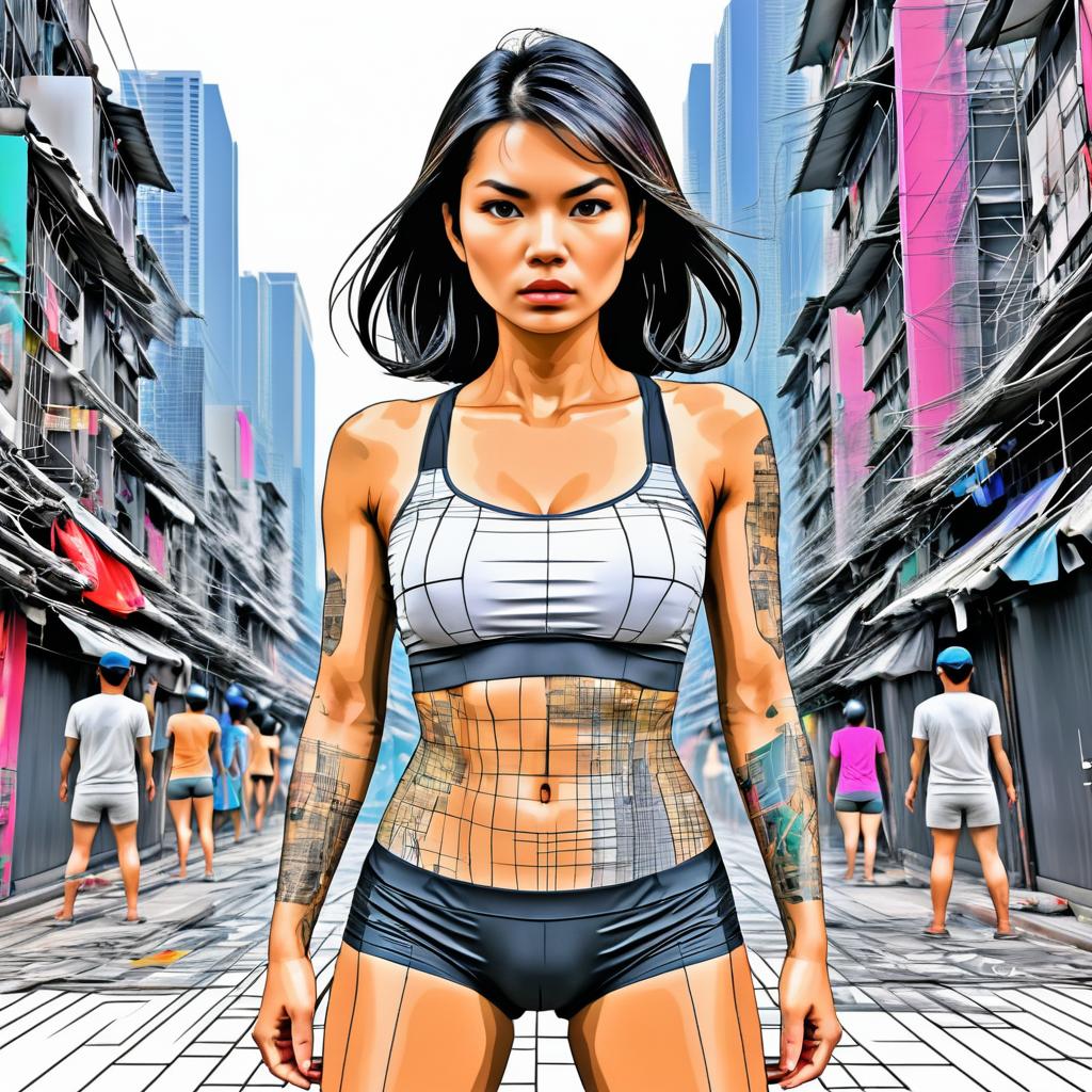 Angry Thin Asian Woman in City Portrait