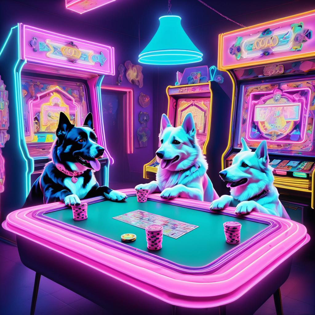 Surreal Dogs Playing Poker in Neon Arcade