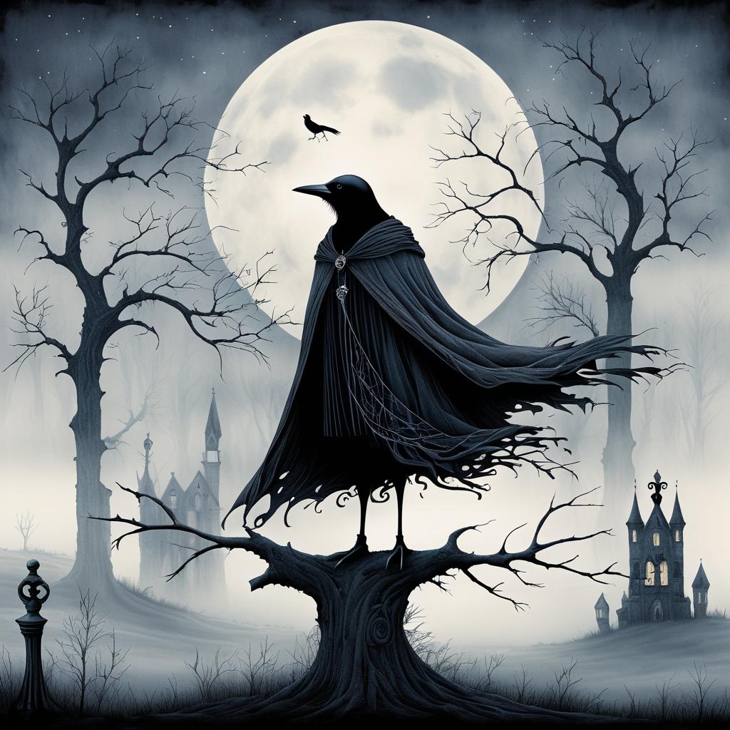 Eerie Whimsy: Crow in Foggy Graveyard