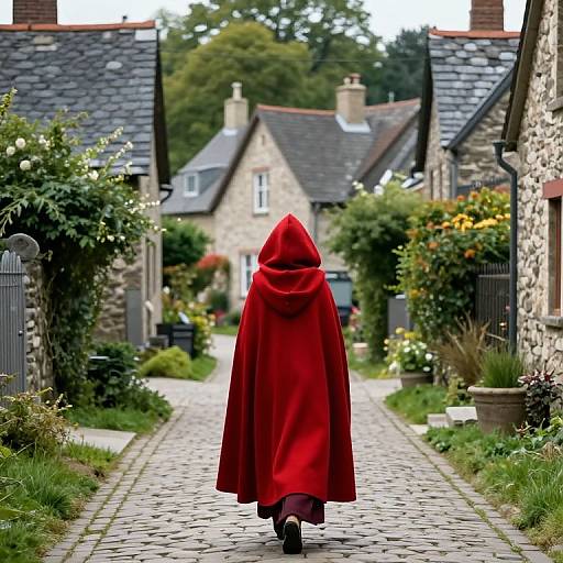 Photograph of a person in a bright red hooded cloak walking down a cobblestone street between stone cottages with lush greenery and colorful flowers