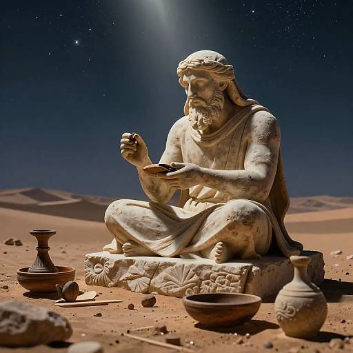 Photorealistic digital image of a bearded, stone statue of an ancient man, seated in a desert at night, examining clay pottery under a star