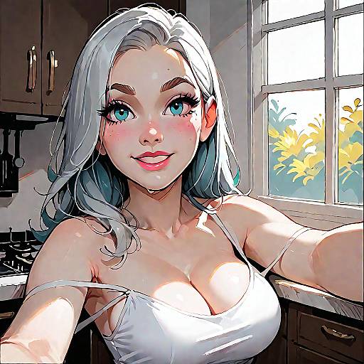 Smiling Woman Taking Selfie in Kitchen