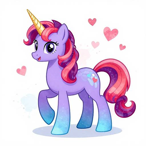 Cute digital illustration of a purple unicorn with a red and pink mane and tail, large blue eyes, a yellow horn, and a heart cutie