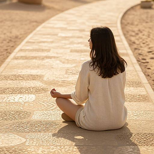 Photograph of a woman with long brown hair, wearing a loose white shirt and beige shorts, sitting cross-legged on a sunlit, textured, sandy