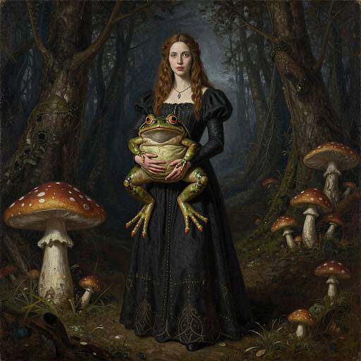 Digital fantasy artwork: Pale, wavy-haired woman in black gown holding large frog in dark, forested setting with oversized mushrooms.