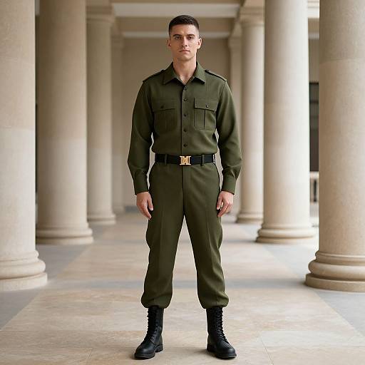 Photograph of a young, fair-skinned man in a military-style olive green uniform with black boots, standing in a columned, beige stone hallway
