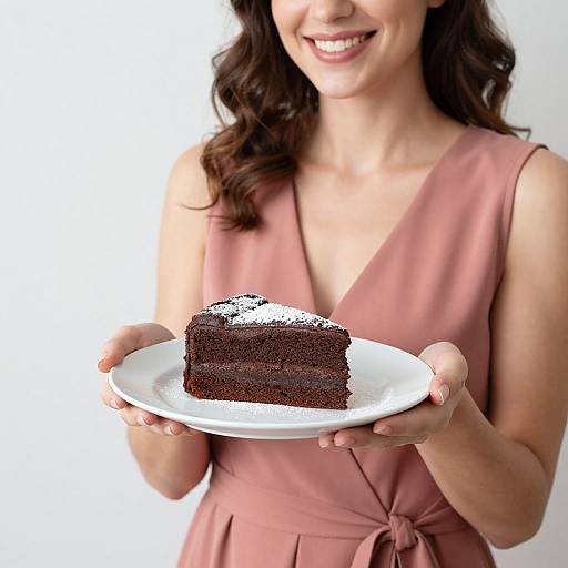Smiling woman in pink dress holding white plate with chocolate layered cake, sprinkled with powdered sugar, against white background.