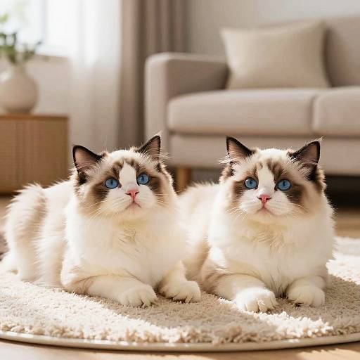 Photograph of two fluffy, blue-eyed, cream and brown Ragdoll cats with black-tipped ears, sitting on a beige carpet in a sunlit