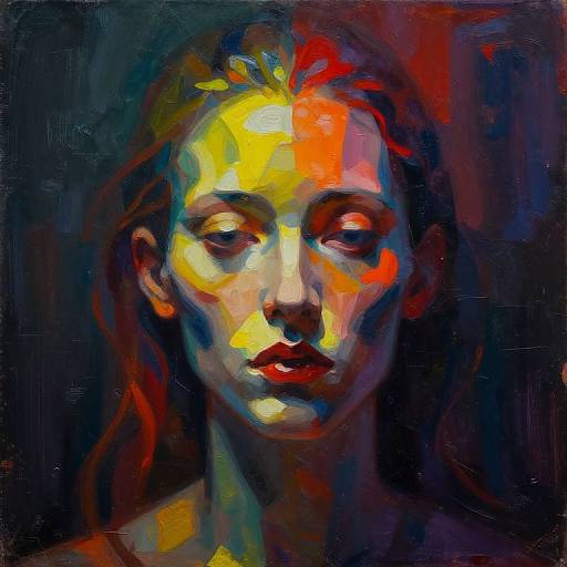 Vibrant, abstract portrait of a woman with colorful, expressive brushstrokes in yellow, red, blue, and black on a dark background.