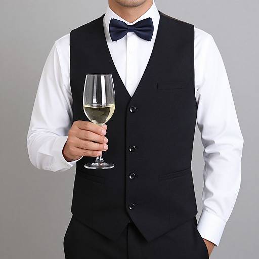 Photograph of a male bartender in a black vest, white shirt, and bowtie, holding a glass of white wine against a plain gray background.