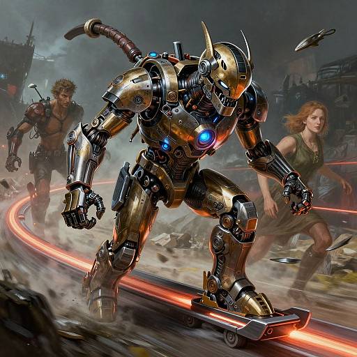 Digital artwork of a gold robotic warrior with glowing blue eyes, running in a futuristic battle, flanked by a muscular man and a red-haired woman,