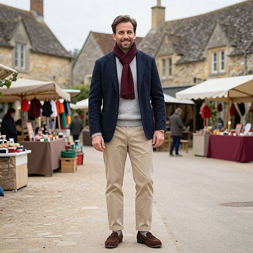 Photograph of a smiling man with dark hair, beard, navy blazer, white sweater, maroon scarf, beige pants, brown shoes, standing