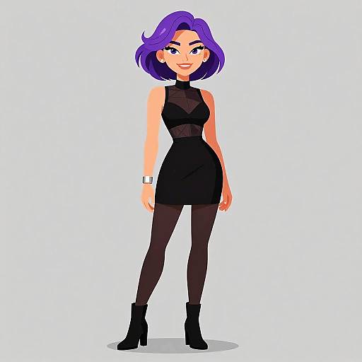 Digital cartoon of a confident woman with purple bob hair, wearing a black sleeveless dress, black tights, and black boots. White background.
