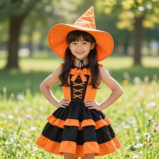 Photograph of a smiling Asian girl in an orange witch hat and black-orange dress, hands on hips, in a sunlit park.
