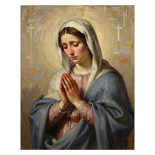 Oil painting of a solemn Mary, head bowed, hands in prayer, wearing blue cloak and white veil, golden halo, cross symbols in background.