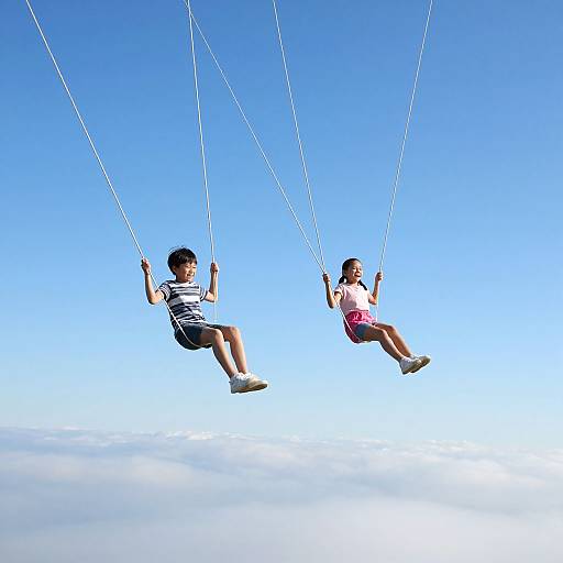 Photograph of a boy and girl swinging high against a clear blue sky, with white ropes and bright sunlight.