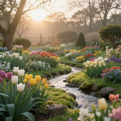 Photograph of a vibrant garden at sunset, featuring a colorful creek-side flowerbed with yellow, white, pink, and purple tulips, surrounded by