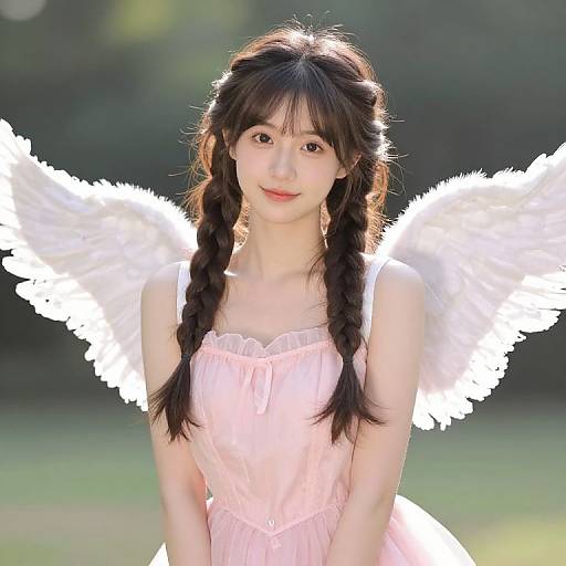 Photograph of an East Asian woman with long black hair in twin braids, wearing a pink dress and white feathered angel wings, standing outdoors with