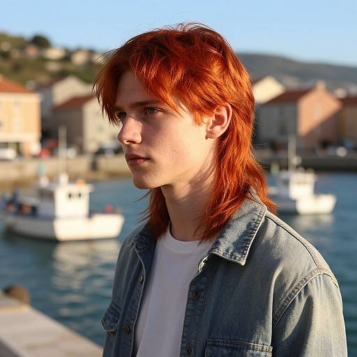 Photograph of a young man with red, shoulder-length hair, wearing a denim jacket over a white t-shirt, standing by a sunlit harbor with