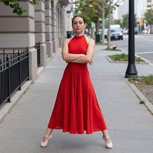 Photograph of a woman with light skin and dark hair in a red, sleeveless, ankle-length dress and pink ballet shoes, standing confidently with arms