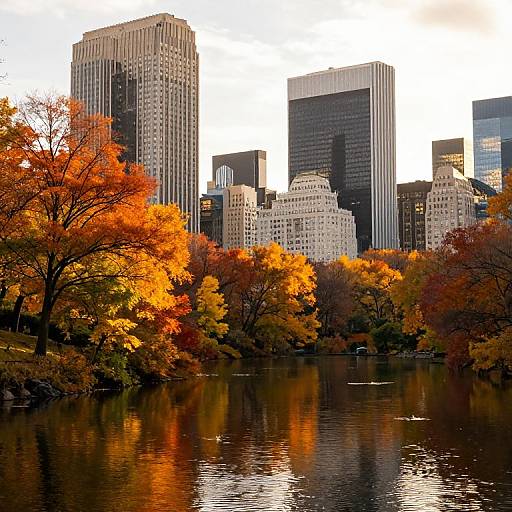 Photograph of a cityscape with tall skyscrapers in the background, surrounded by vibrant autumn trees with orange and red leaves, reflected in a calm