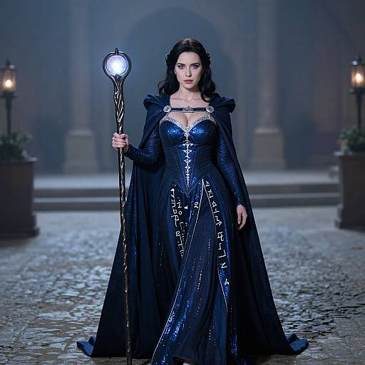 Photograph of a dark-haired woman in a shimmering black gown and cape, holding a glowing staff, standing on a cobblestone path in a