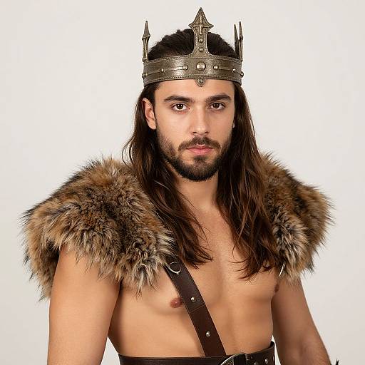 Photograph of a bearded man with long dark hair, wearing a metallic crown, fur-lined shoulder cape, and leather strap, against a white background