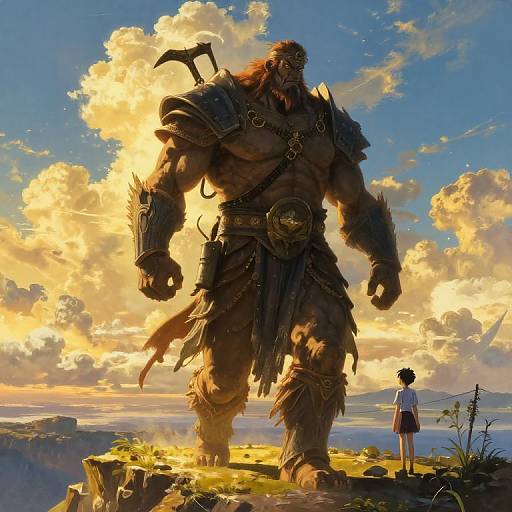 Digital art: Muscular, armored giant with fur loincloth and axe stands towering over a small, standing boy in a white shirt and red shorts