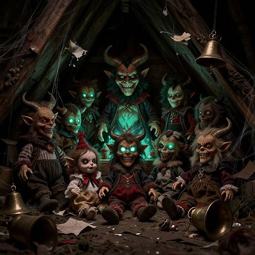Digital artwork of demonic goblins with glowing green eyes, horns, and dark clothes, surrounding a scared child in a tattered tent.