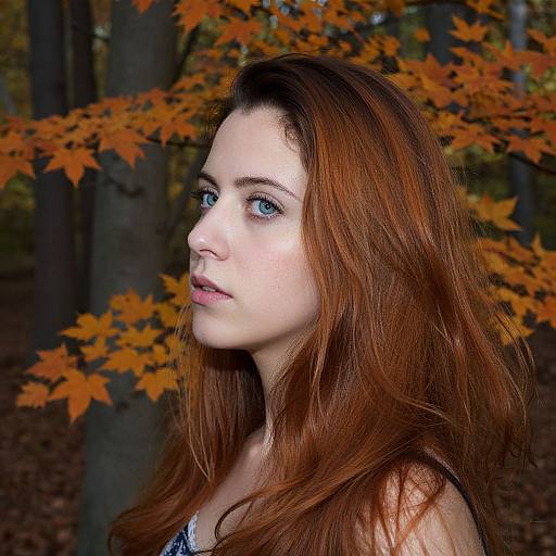 Photograph of a fair-skinned woman with long, red hair and blue eyes, gazing sideways against a backdrop of vibrant autumn leaves and dark trees