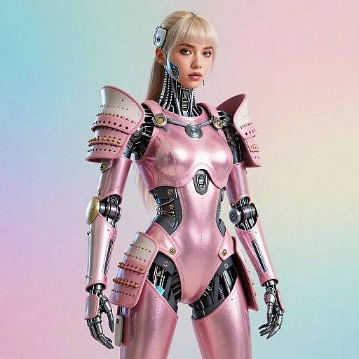 CGI image of a blonde, futuristic female robot in a shiny pink metallic armor with shoulder plates, black accents, and glowing eyes, standing against a