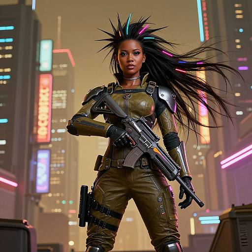 CGI image of a fierce, dark-skinned woman with neon-spiked hair, wearing armored green leather, holding a gun in a neon-lit