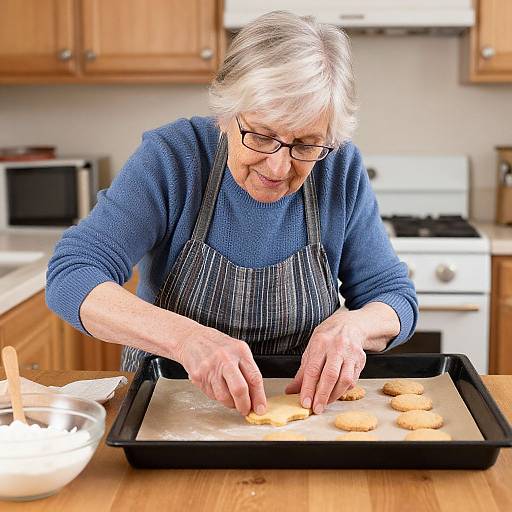 Photograph of an elderly woman with short gray hair, glasses, and a blue sweater, placing cookies on a baking tray in a wooden kitchen.