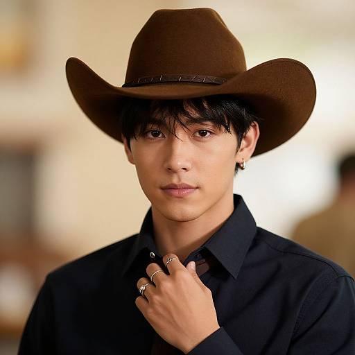 Photograph of a young man with fair skin, black hair, wearing a brown cowboy hat and black shirt, touching his neck with rings on his hand