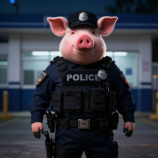 CGI image of a pig wearing a police uniform with 